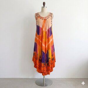 CYN Dress Midi Tie-Dye Beach Boho Bohemian Hippie Neon Peach Pink